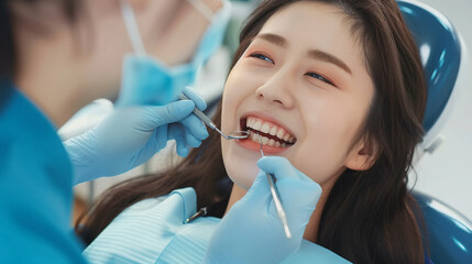 Beautiful young Japanese female at the dentist for checking her teeth