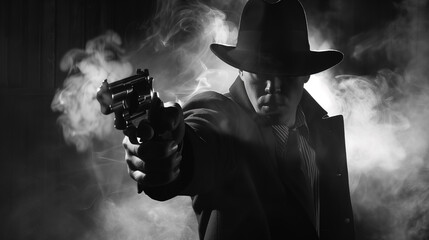 Old fashioned retro style gangster movie noir picture in dramatic scene moment