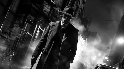 Old fashioned retro style gangster movie noir picture in dramatic scene moment