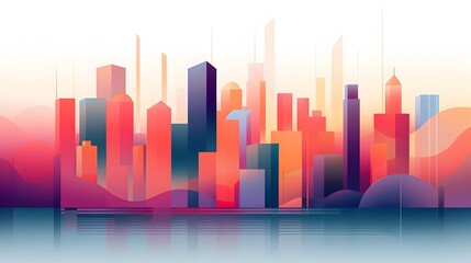 Obraz premium Vibrant Geometric Cityscape Skyline,Minimalist Digital with Futuristic Architecture