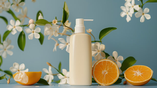 White blank plastic cosmetic skincare bottle with dosator mockup on pastel blue background with oranges and flowers