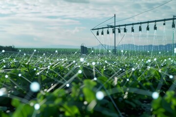 Green Field With Distant Power Lines, A visualization of data analytics guiding the water distribution in a smart irrigation system