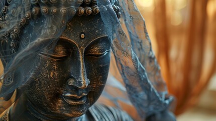 The fabric is delicately dd over a Buddha statue adding an element of spiritual reverence to the meditation space.