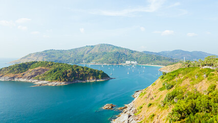 Fototapeta premium Promthep Cape Sunset Viewpoint in the South of Phuket Thailand Take photos from a drone Top 5 popular tourist attractions in Thailand