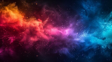 Naklejka premium Splash of color paint, explosion of multicolored powder, banner of abstract colorful background. Pattern of bright festive burst like in Holi festival. Concept of watercolor, explode