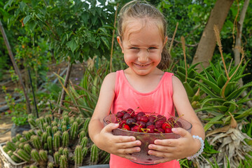 Blonde girl carrying cherries in a bowl.