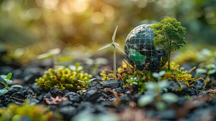 Clean energy concept on World Environment Day or International Day of Forests concept tree and earth globe with solar cell panel with windmill on nature background
