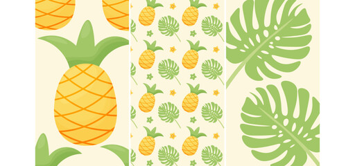wallpaper Summer. set of poster pineapple, tropical. flat style. vector poster, postcard, wall art, banner background