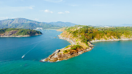 Fototapeta premium Panorama Promthep Cape Sunset Viewpoint in the South of Phuket Thailand Take photos from a drone Top 5 popular tourist attractions in Thailand