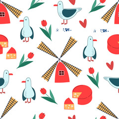 Netherlands pattern. doodle icons Windmill, holland cheese, seagulls and tulip flowers. vector illustration