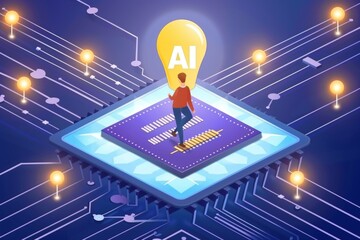 Artificial Intelligence Innovation and Technology, Digital Microchip, AI Chip, Futuristic, High tech, Circuit Board, Light Bulb, Concept Art, Blue and Purple Hues, Advanced Technology