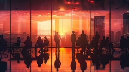 Fototapeta premium Cityscape Strategy Silhouetted Team Brainstorming in Sunset Meeting Room