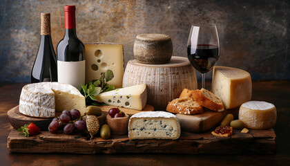 Naklejka premium Cheese pyramid made of hard and soft blue cheese, Camembert. Balancing modern composition of set of cheeses, grapes and glass of white wine