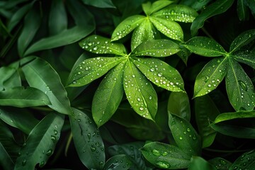 Fototapeta premium Leaves of tropical plants with raindrops, a natural background of green leaves.