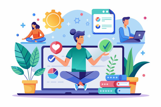 A woman is seated at a laptop next to a check mark sign. A woman is sitting in front of a laptop computer, holding a check mark in her hand, possibly indicating completion or approval of a task