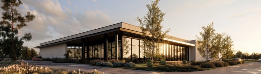 Fototapeta premium Modern single-story building with large windows, surrounded by greenery and trees, photographed at sunset with a clear sky.