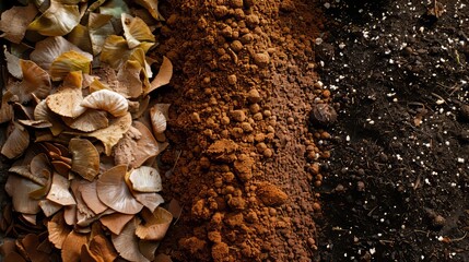 Close-up of aroid soil mix, coco husk chips, and lime powder being mixed, emphasizing the natural textures and colors