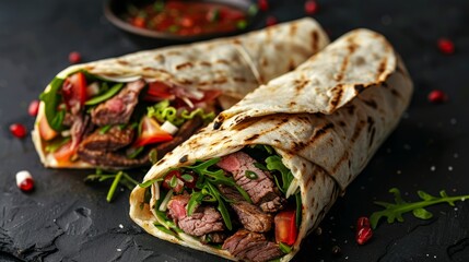 Fresh roll sandwich with beef and salad, tortilla wrap with grilled meat, presented on a dark background, looking mouth-watering