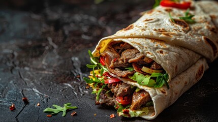 Fresh roll sandwich with beef and salad, tortilla wrap with grilled meat, presented on a dark background, looking mouth-watering