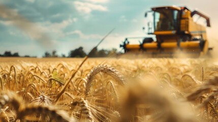 Close-up of successful farmer's wheat grains, beautiful wheat grains, combine harvester working behind the scenes, farmer, wheat harvester