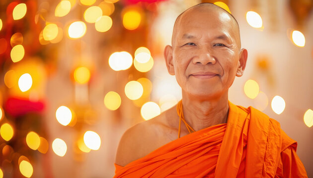 There is a bald monk wearing an orange robe, smiling against a blurred background of lights - Powered by Adobe