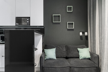 stylish interior of apartment with modern kitchen in black and white. Modern design of kitchen-living room with appliances, microwave, refrigerator, stove. grey sofa and blue cushions in living room