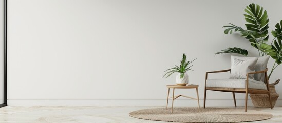 Contemporary interior design featuring a bright blank mock-up wall and grey furnishings, combining loft and vintage elements in the living area. The room includes an armchair,