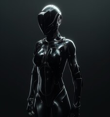 Naklejka premium Futuristic black power suit with helmet for woman, minimalist design, dark background.