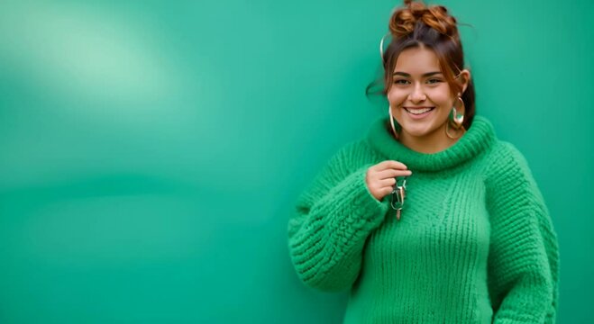 Young happy overjoyed chubby overweight plus-size woman wearing a green sweater holding car keys with a keyless system, making a winner gesture, isolated on a plain blue background. People lifestyle