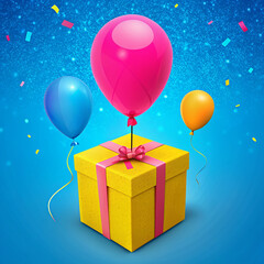 a colorful box with balloons on it with a ribbon around it.
