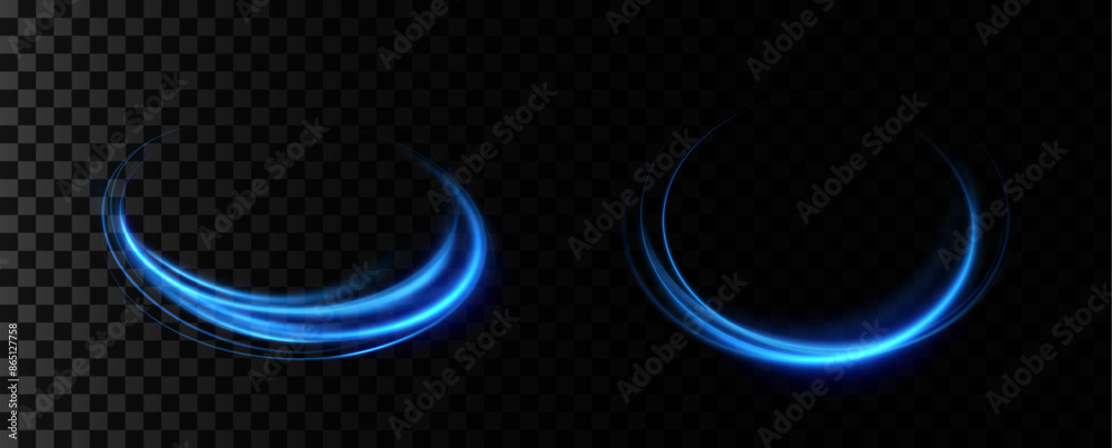 Poster Abstract light lines of speed movement, blue colors.Neon glowing curves.Abstract motion.Neon lines of blue speed. Dynamic traces.	