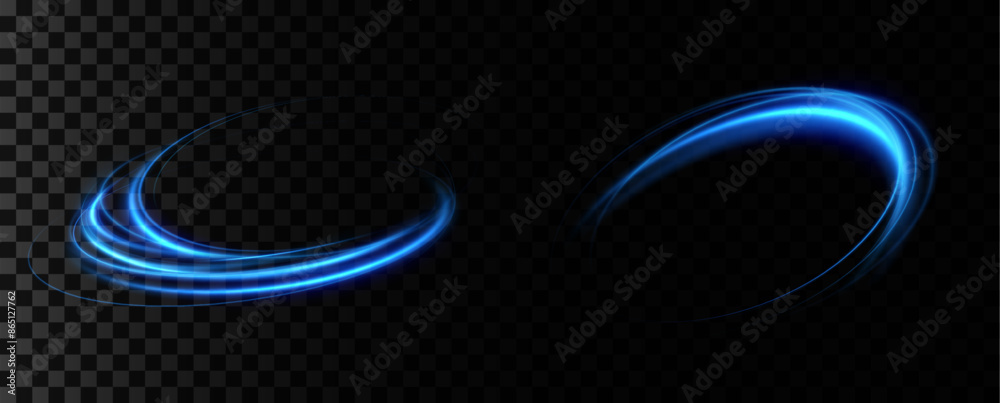 Poster Abstract light lines of speed movement, blue colors.Neon glowing curves.Abstract motion.Neon lines of blue speed. Dynamic traces.	
