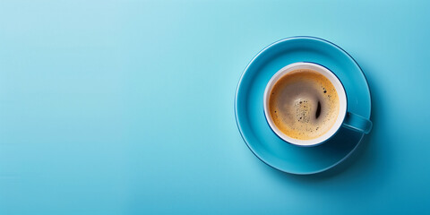 An overhead view of a blue coffee cup with a frothy brew, placed on a matching blue saucer and background, evoking calm and modern minimalist style.