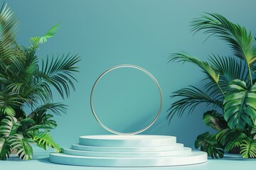 Obraz premium Empty blue podium surrounded by tropical plants on blue background, perfect for showcasing cosmetic or beauty products. Concept of nature, sustainability, and freshness.