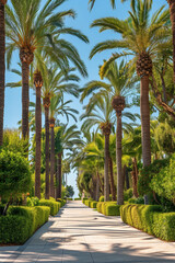 Fototapeta premium A picturesque pathway flanked by tall, orderly palm trees under a clear blue sky, creating a tranquil and inviting avenue that showcases natural beauty and symmetry.
