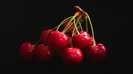 A bunch of red cherries with stems, against a black background.