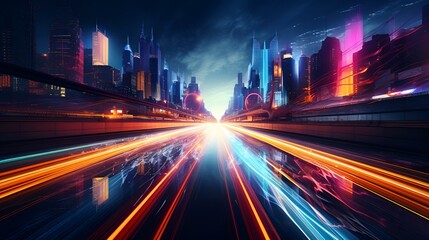 City street at night with light trails from passing cars.