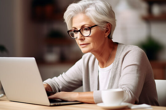 Image of senior student using modern gadgets in cafe indoors generative AI concept