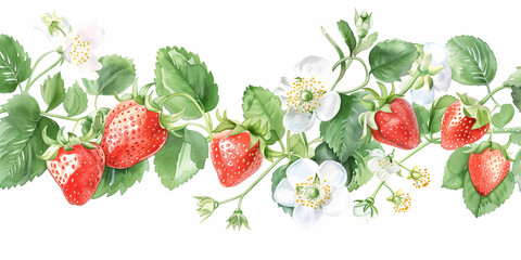 An artistic illustration showcasing bright red strawberries with green foliage and white blossoms, capturing the essence of freshness and vitality in nature-inspired artwork.