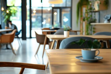 Fototapeta premium Cozy Cafe Retreat: Closeup View of Wooden Table and Chairs