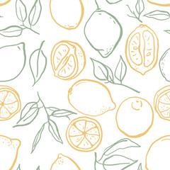 Hand drawn sketch style lemons seamless pattern