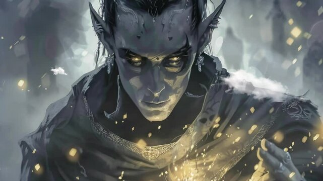 a sinister dark elf casting a dark curse, digital art