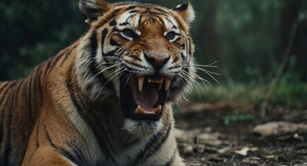 Obraz premium A tiger hisses while hunting, looking into the distance, imitation of analog photography