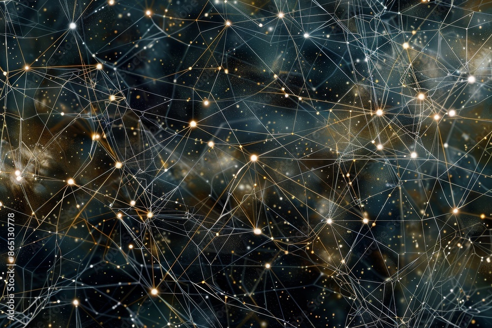 Poster An abstract background filled with numerous intersecting lines and dots creating a complex and fascinating pattern, A web of digital connections expanding infinitely