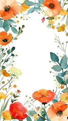 Watercolor postcard template with flowers around the edges and space in the middle.