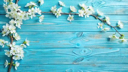 flowering branches on cyan wood, white blossoms on rustic wooden blue background, floral spring concept with space for text or advertising, cheerful decoration in vivrant colors