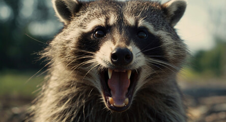 Fototapeta premium Angry raccoon close up with long whiskers and black eyes. imitation of analog photography