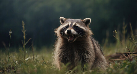 Obraz premium Angry raccoon opens mouth and gets angry in the wild. imitation of analog photography