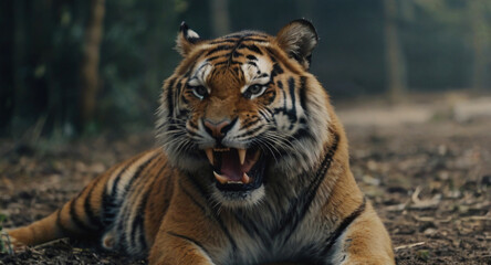 Fototapeta premium Tiger has an angry expression. He shows his fangs and gets angry while lying in nature. imitation of analog photography