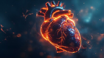Glowing hologram of human heart in a futuristic hospital setting, cardiology innovation and medical research.